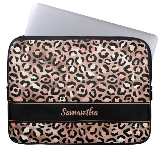 Elegante Black Rose Gold Foil Leopard Print Custom Laptopschutzhülle (Vorderseite)