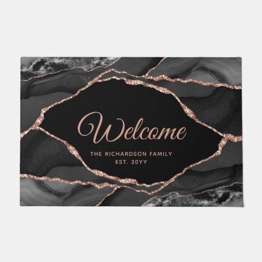 Elegante Black Rose Gold Glitzer Agate Personalisi Fußmatte (Vorderseite)