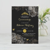 Elegante Black Rose & Gold Royal Crown Mis Quince Einladung (Stehend Vorderseite)