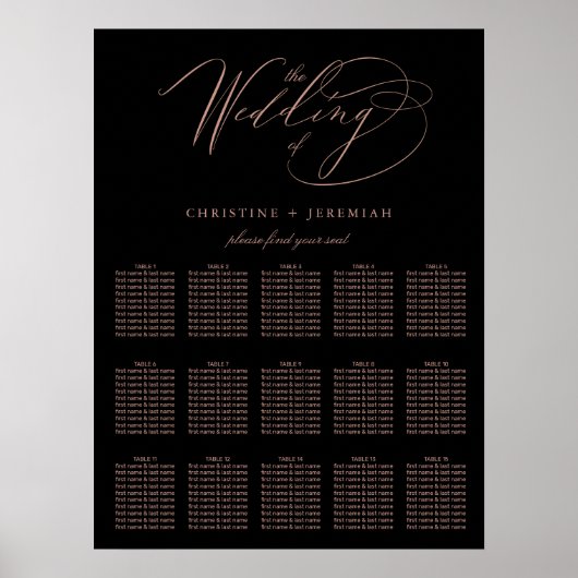 Elegante Black Rose Gold Script Hochzeitssitze Poster (Vorne)