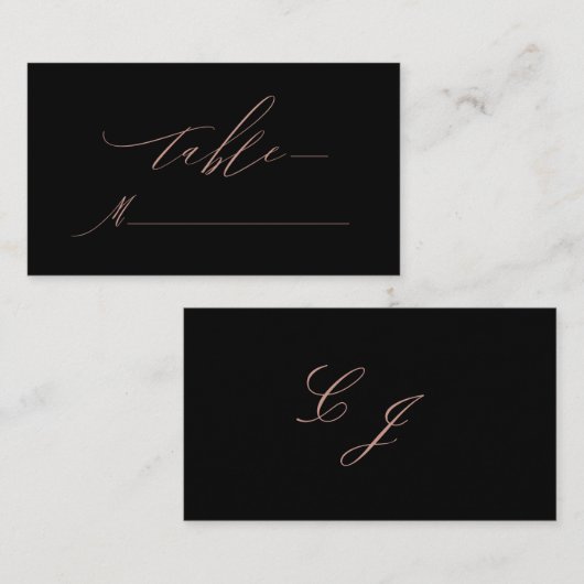 Elegante Black Rose Gold Script Monogram Wedding Platzkarte (Vorne/Hinten)