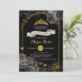 Elegante Black Rose Goldene Königliche Krone Einladung (Stehend Vorderseite)