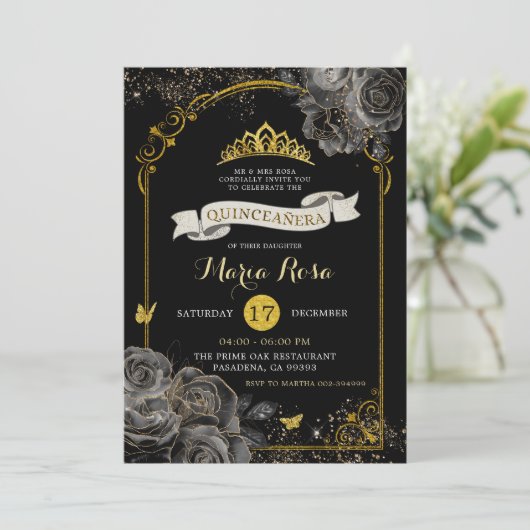 Elegante Black Rose Goldene Königliche Krone Einladung (Stehend Vorderseite)