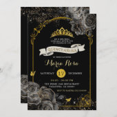Elegante Black Rose Goldene Königliche Krone Einladung (Vorne/Hinten)
