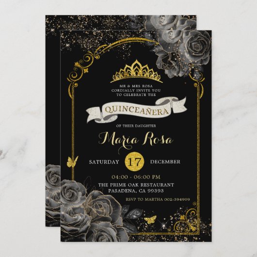 Elegante Black Rose Goldene Königliche Krone Einladung (Vorne/Hinten)