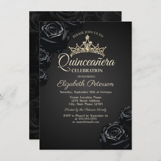 Elegante Black Rose Gothic Quinceañera Einladung (Vorne/Hinten)