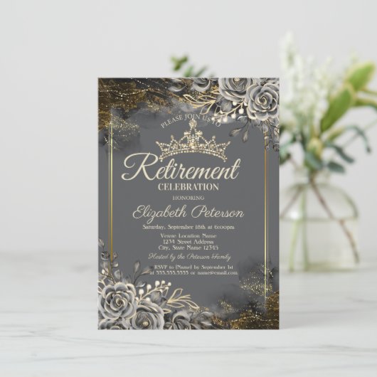 Elegante Black Rose Gray Retirement Einladung (Stehend Vorderseite)