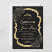 Elegante Black Rose und Gold Quinceanera Einladung (Vorderseite)