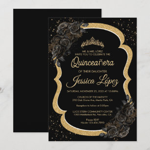 Elegante Black Rose und Gold Quinceanera Einladung