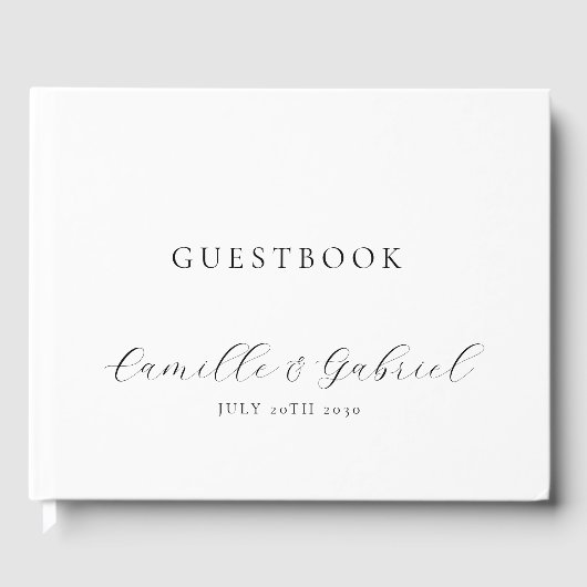 Elegante Black Script Calligraphy White Wedding Gästebuch (Vorderseite)