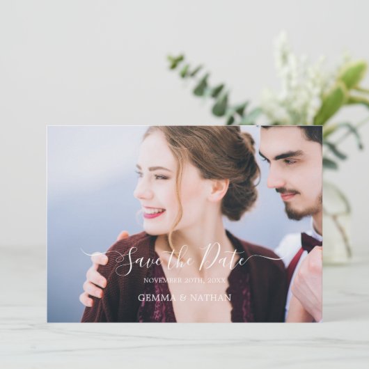 Elegante Black Script Foto Save the Date Karte (Stehend Vorderseite)