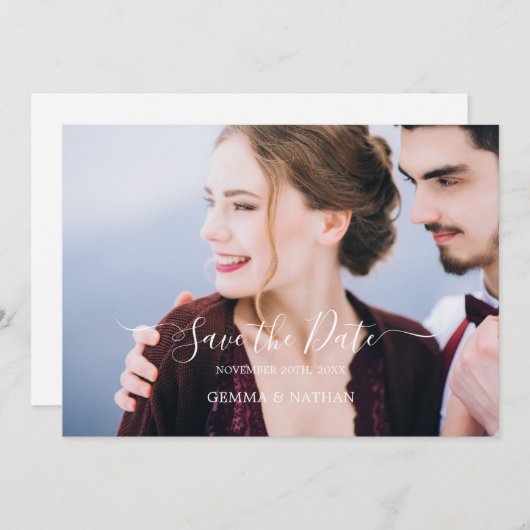 Elegante Black Script Foto Save the Date Karte (Vorne/Hinten)