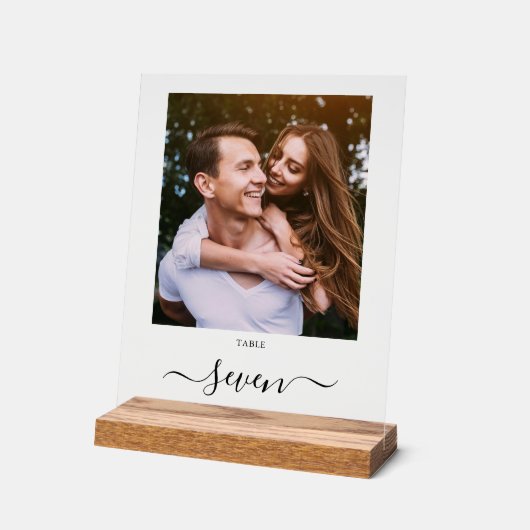Elegante Black Script-Foto-Tischnummer Acrylschild (Winkel)