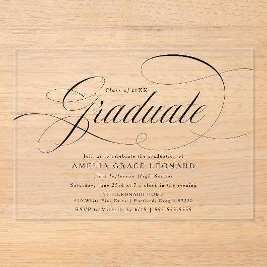 Elegante Black Script Graduation Party Acryleinladungen (Vorderseite)
