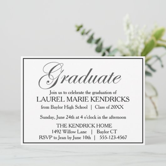 Elegante Black Script Graduation Party Einladung (Stehend Vorderseite)