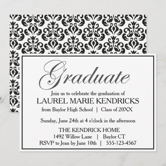 Elegante Black Script Graduation Party Einladung (Vorne/Hinten)