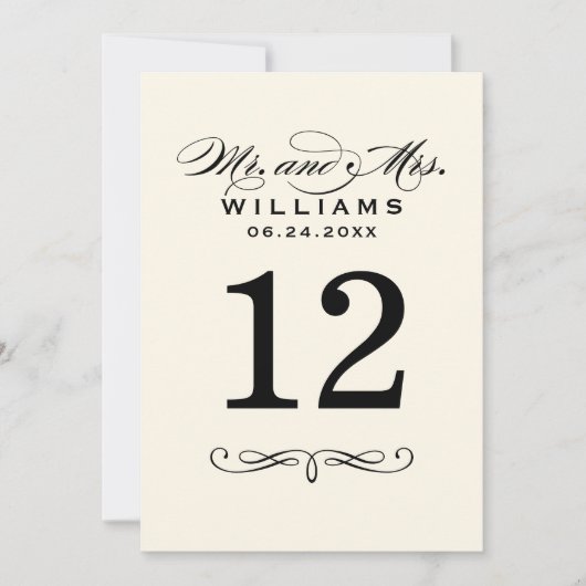 Elegante Black Script Wedding Monogram Tischnummer (Vorderseite)