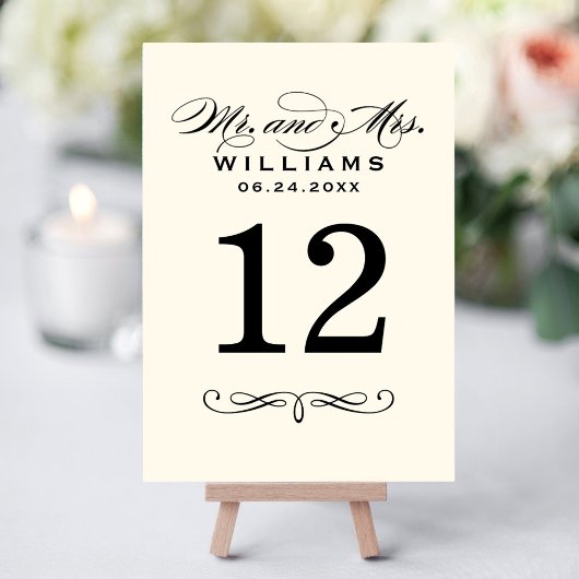 Elegante Black Script Wedding Monogram Tischnummer