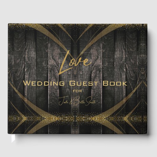 Elegante Black Shiny Rustic Wood Wedding Gästebuch (Vorderseite)