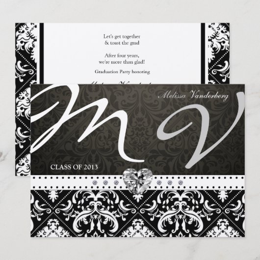Elegante Black / Siilver Damask Class 2013 Einladung (Vorne/Hinten)