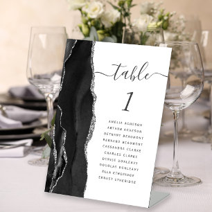 Elegante Black Silver Agate Wedding Tischnummer Sockelschild
