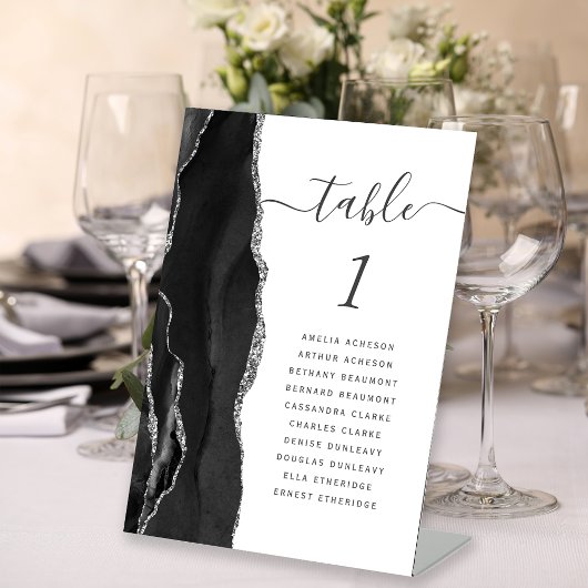 Elegante Black Silver Agate Wedding Tischnummer Sockelschild