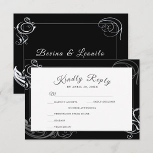 Elegante Black Silver Curls Hochzeitsessen RSVP Karte