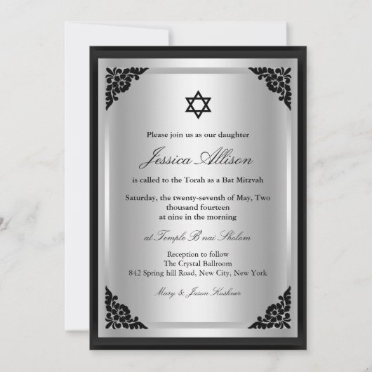 Elegante Black & Silver Fledermaus Mitzvah Einladu Einladung (Vorderseite)