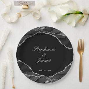 Elegante Black Silver Foil Agate Wedding Pappteller