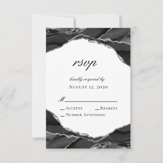 Elegante Black Silver Foil Agate Wedding RSVP Karte (Vorderseite)