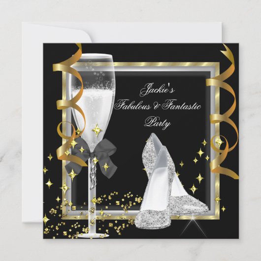 Elegante Black Silver Gold Women's Birthday Party Einladung (Vorderseite)