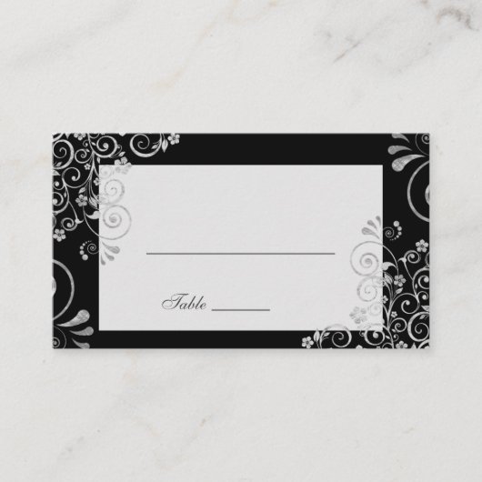 Elegante Black Silver Gray Swirl Wedding Platzkarte (Vorderseite)