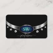 Elegante Black Silver Ocean Blue Monogram Diamonds Visitenkarte (Vorderseite)