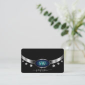 Elegante Black Silver Ocean Blue Monogram Diamonds Visitenkarte (Stehend Vorderseite)