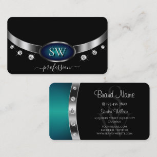 Elegante Black Silver Ocean Blue Monogram Diamonds Visitenkarte