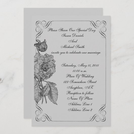 Elegante Black Silver Peony Blume Einladung (Vorne/Hinten)