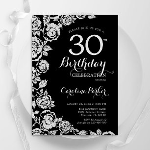 Elegante Black Silver Rose 30. Geburtstag Party Einladung