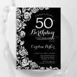 Elegante Black Silver Rose 50. Geburtstagsparty Einladung<br><div class="desc">Schwarz silber florale 50. Geburtstagsfeier Einladung. Elegantes Design mit Rose,  Imitaten silberne Folie und Typografie Script Schriftart. Die trendige Einladungskarte eignet sich perfekt für eine stilvolle Damenfeier. Kann für jedes Alter angepasst werden. Gedruckte Zazzle-Einladungen oder Sofortdownload digitaler Druckvorlage.</div>