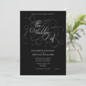 Elegante Black & Silver Script Black Krawatte Wedd Einladung (Stehend Vorderseite)