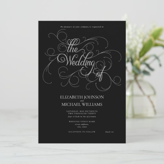 Elegante Black & Silver Script Black Krawatte Wedd Einladung (Stehend Vorderseite)