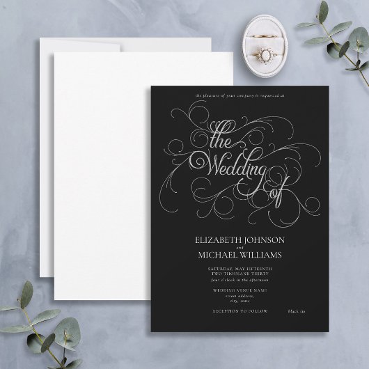Elegante Black & Silver Script Black Krawatte Wedd Einladung