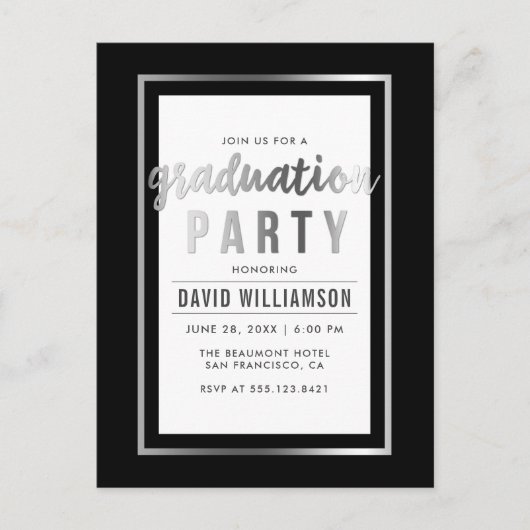 Elegante Black & Silver Typografy Graduation Party Einladungspostkarte (Vorderseite)