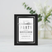 Elegante Black & Silver Typografy Graduation Party Einladungspostkarte (Stehend Vorderseite)