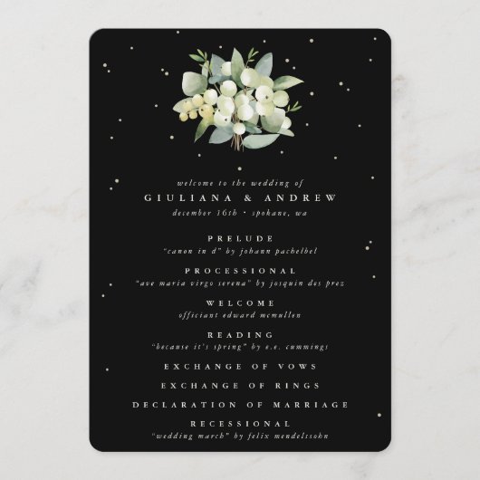 Elegante Black Snowberry+Eucalyptus Bouquet Weddin Programm (Vorderseite)
