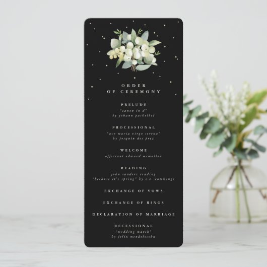 Elegante Black Snowberry+Eucalyptus Bouquet Weddin Programm (Stehend Vorderseite)