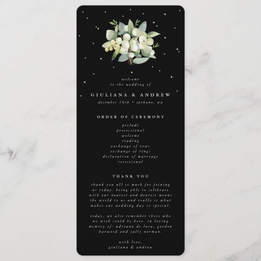Elegante Black Snowberry+Eucalyptus Bouquet Weddin Programm (Vorderseite)