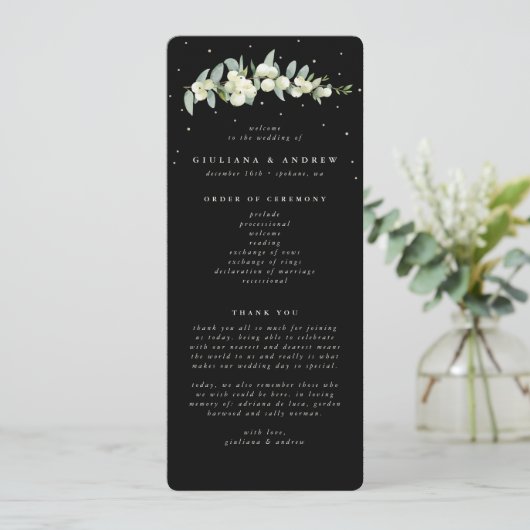 Elegante Black Snowberry+Eucalyptus Stem Wedding Programm (Stehend Vorderseite)