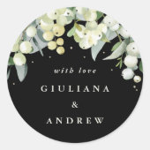 Elegante Black Snowberry+Eucalyptus Wedding Runder Aufkleber (Vorderseite)
