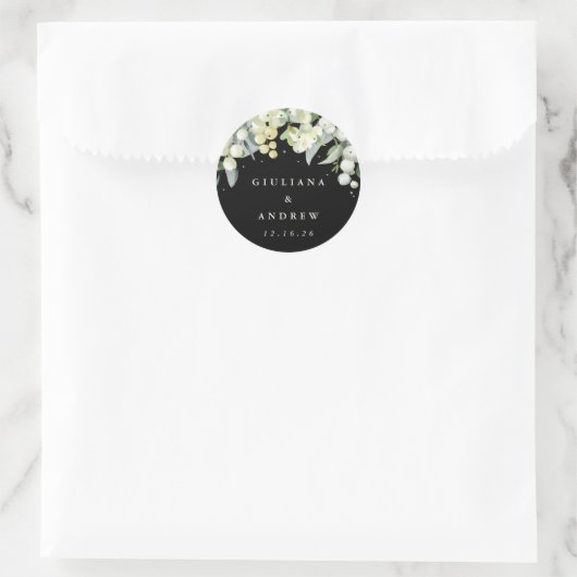 Elegante Black Snowberry+Eucalyptus Wedding Runder Aufkleber (Tasche)