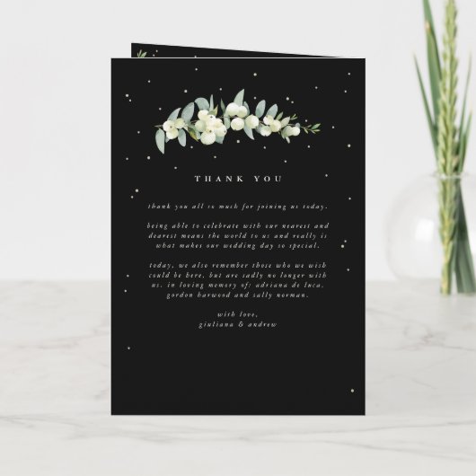 Elegante Black Snowberry+Eucalyptus Winter Wedding Programm (Rückseite)